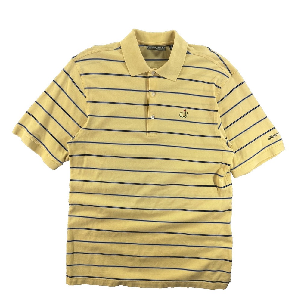 Masters Shirt Mens Medium Yellow Golf Polo Striped Embroidered Masters Logo